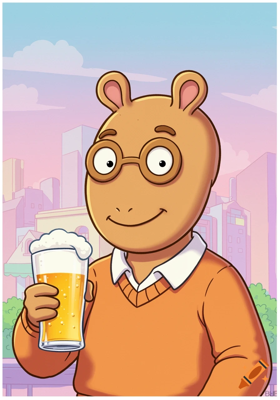 Cartoon character Arthur holding a glass of beer.