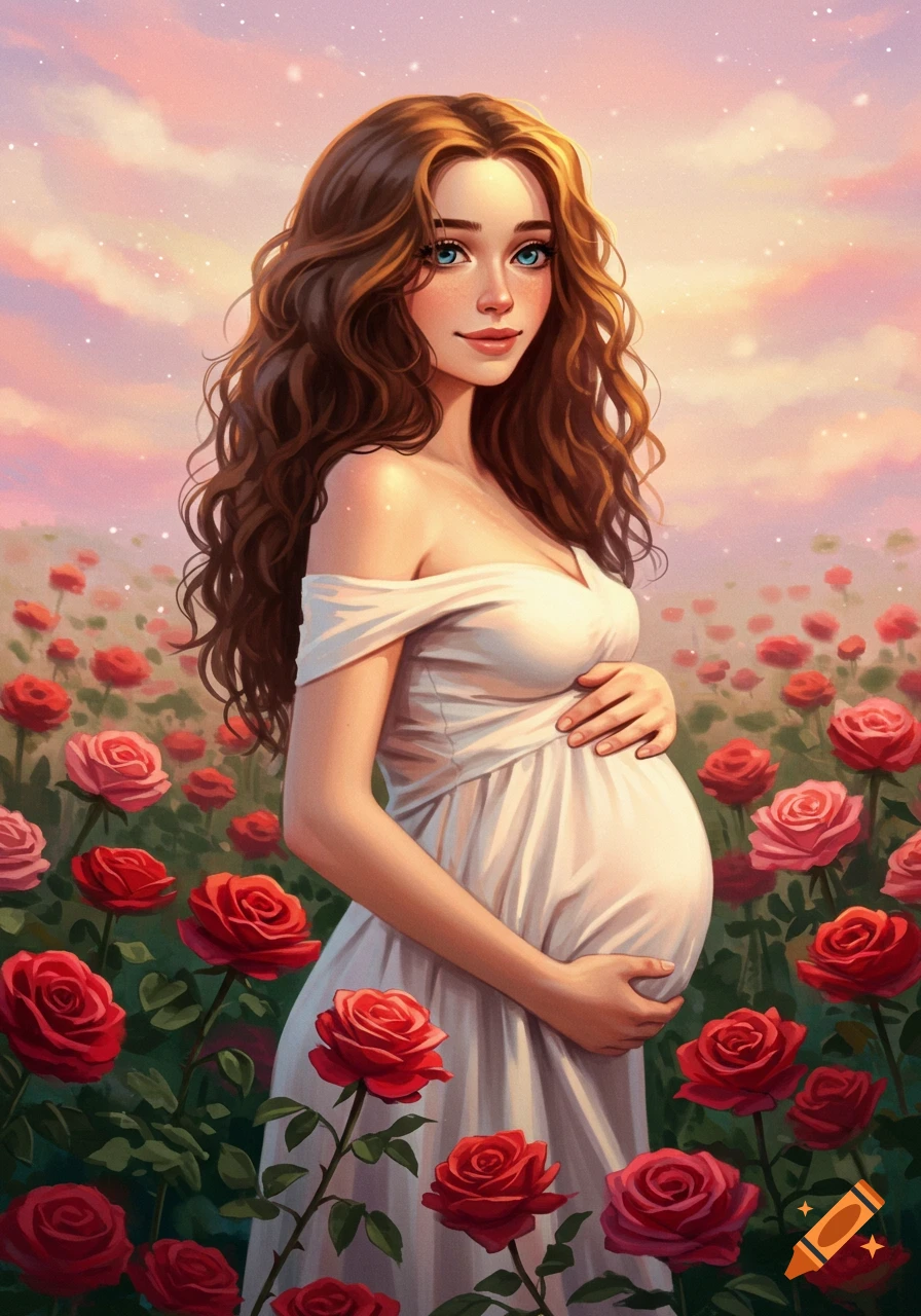 A young pregnant woman with long brown curly hair stands in a field of red and pink roses under a pastel sky.