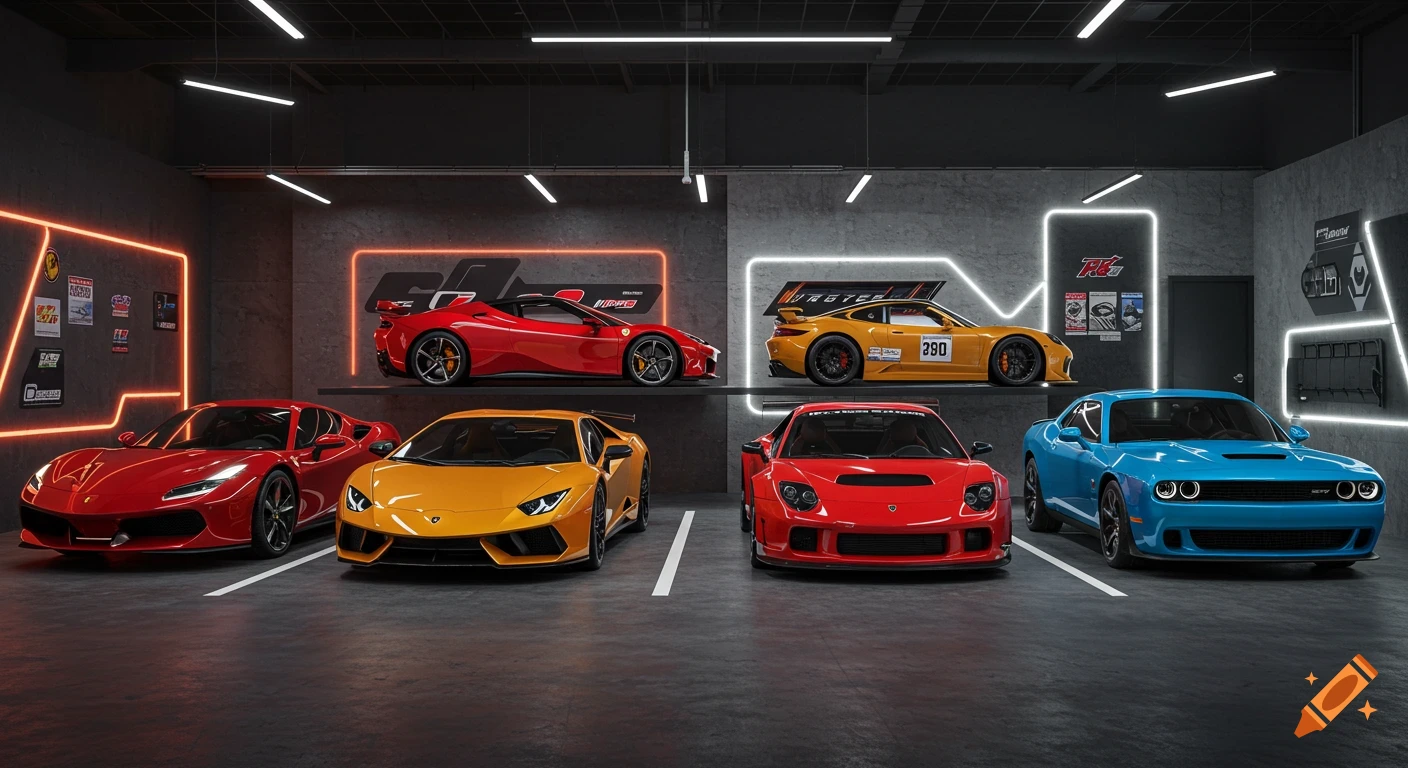 Several luxury sports cars, including a red Ferrari, orange Lamborghini, yellow Porsche, and blue Dodge, parked in a modern garage with LED lighting.