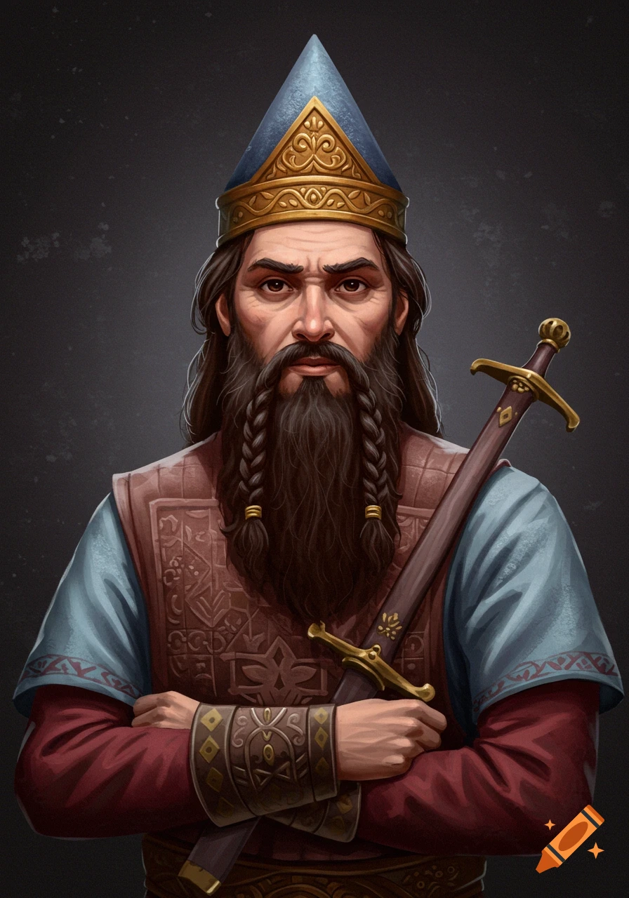 Portrait of a historical figure with a beard, conical hat, and traditional clothing, holding a sword.