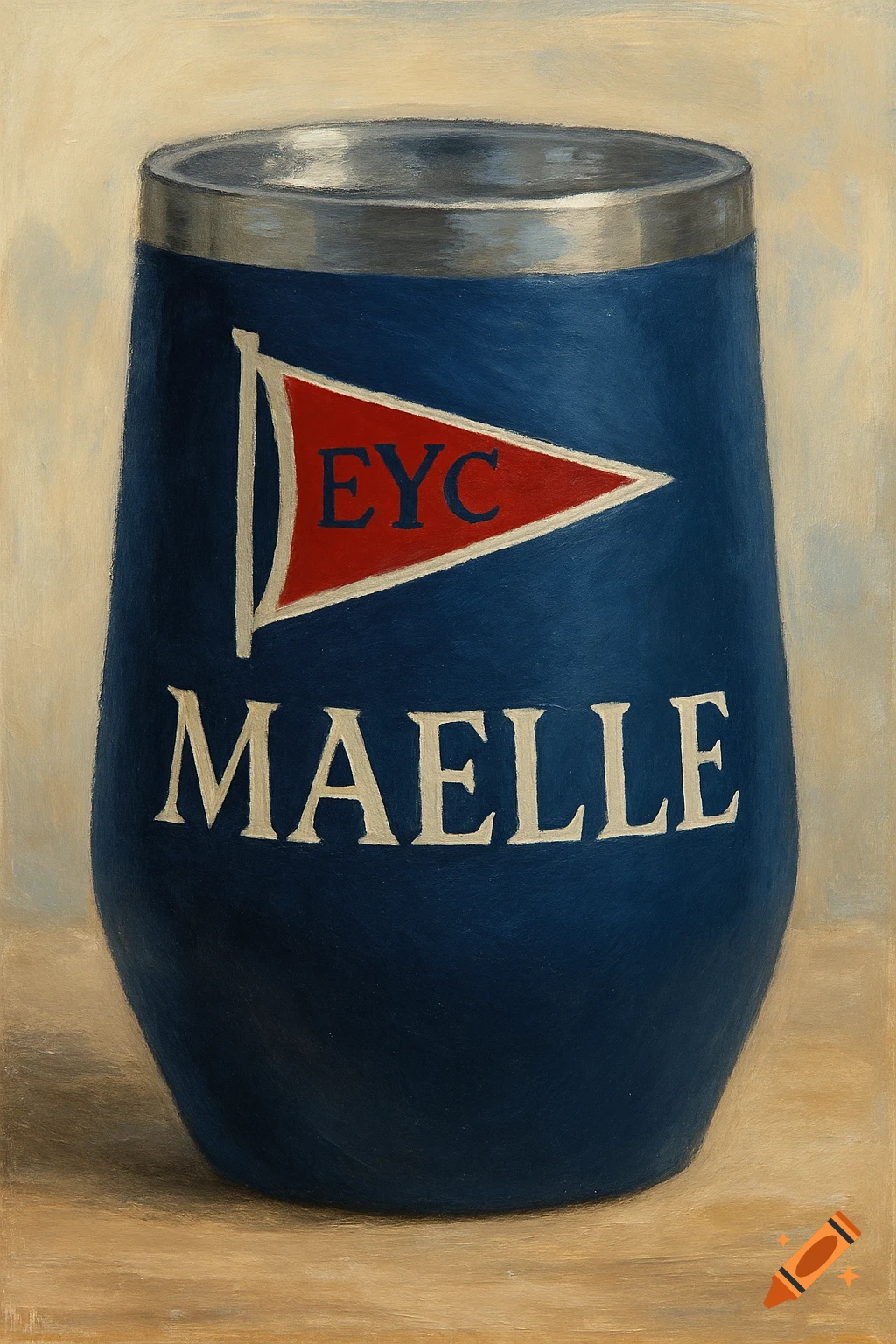 Painting of a blue tumbler with an EYC sailing flag and the name MAELLE.