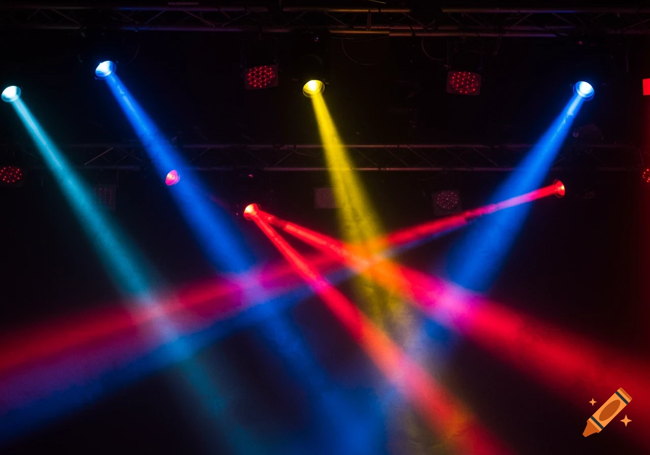 Colored stage lights shining through smoke creating beams