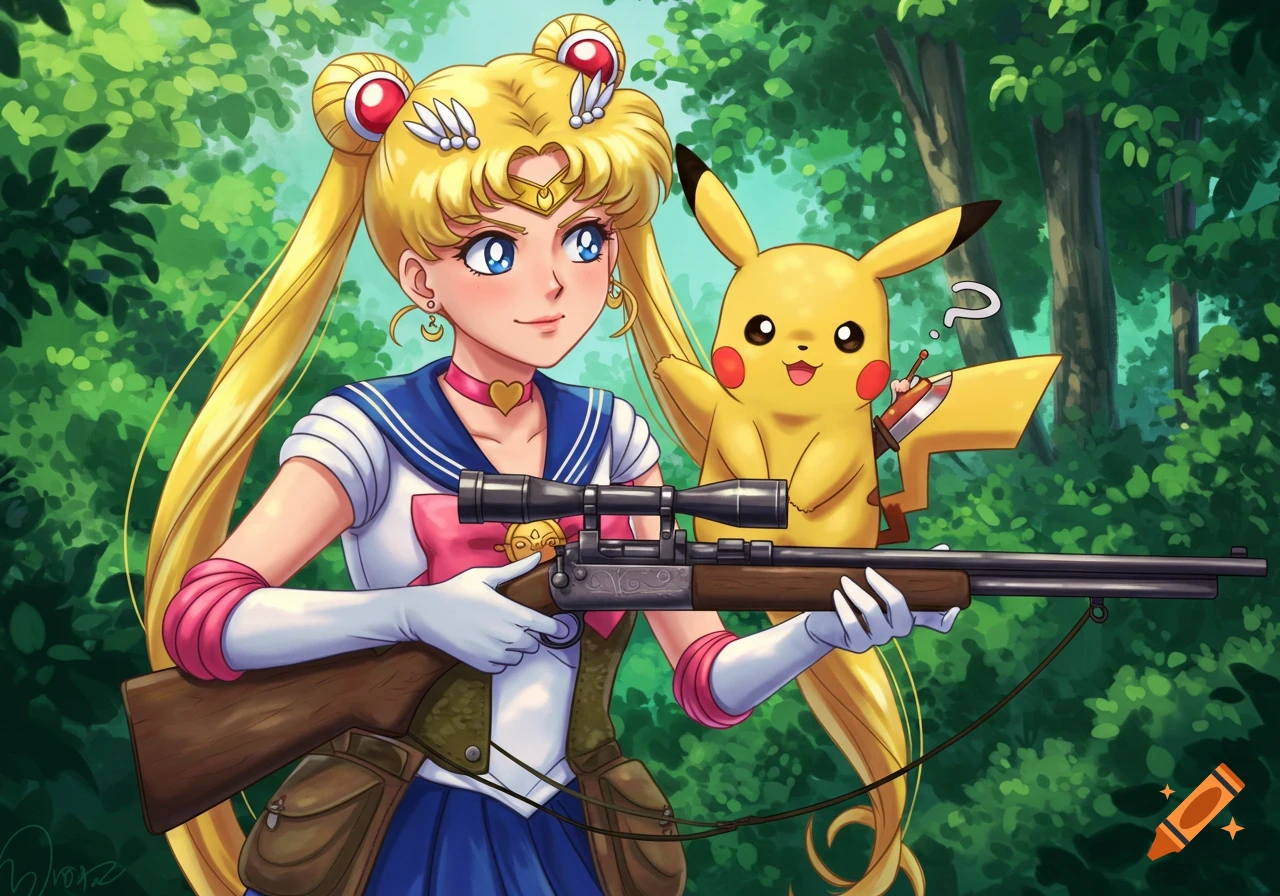 Sailor Moon and Pikachu hunting with a rifle in a forest.
