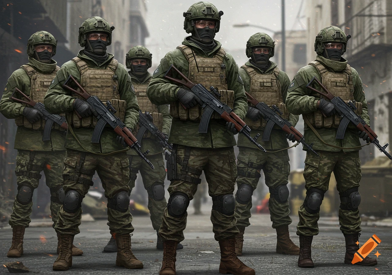 Six soldiers in camouflage uniforms, helmets, vests, and rifles stand in an urban street.