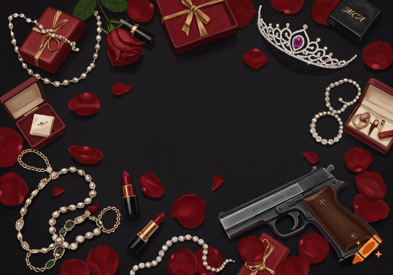 Bird's eye view still life of jewelry, red rose petals, lipstick, gift boxes, a tiara, and a handgun on a black background.