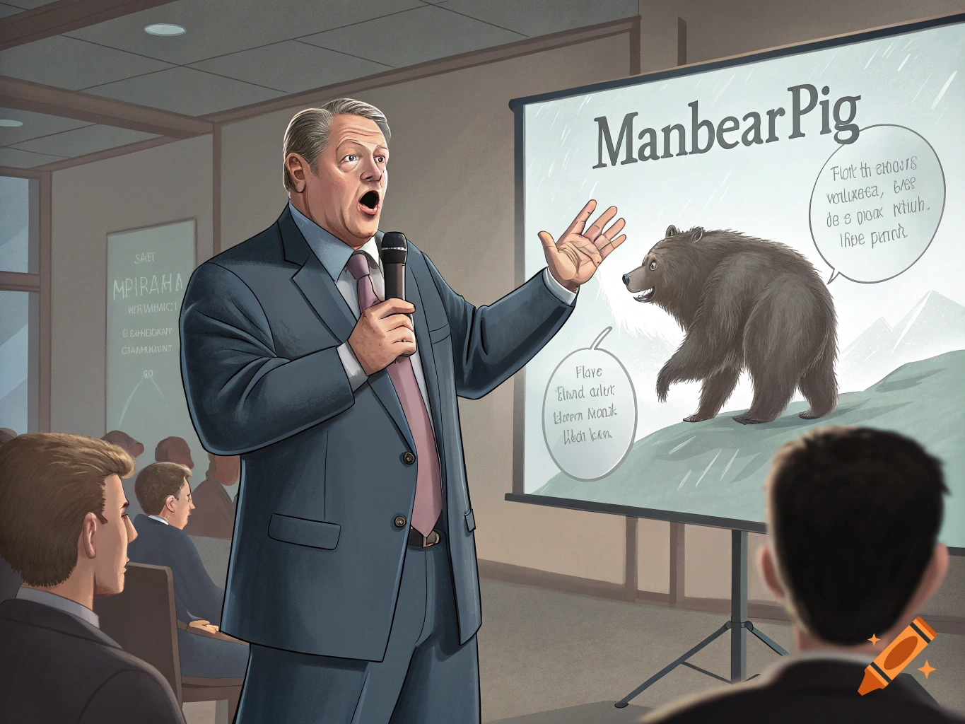 Illustration of a man giving a presentation with a screen showing a bear and 'ManbearPig' title.