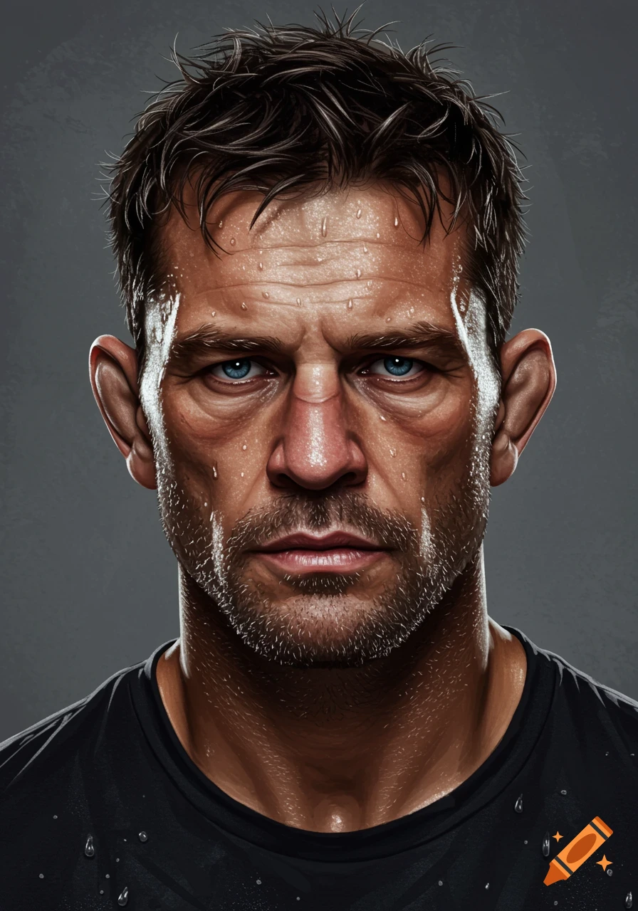 Realistic portrait of a sweaty, rugged man with blue eyes, possibly an MMA fighter
