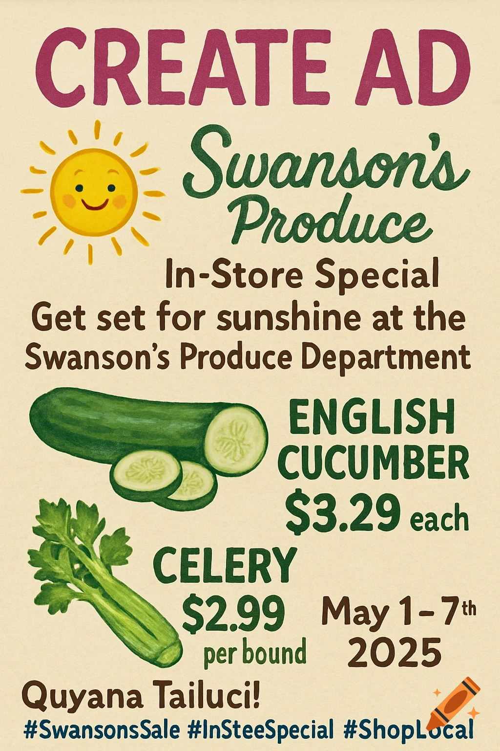 Advertisement for Swanson's Produce with prices for English cucumber and celery, dates May 1-7, 2025. Includes illustrations of produce and a sun.