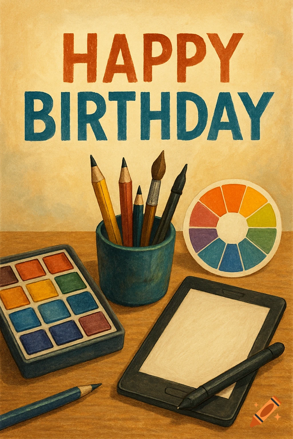 Colored pencil illustration of 'HAPPY BIRTHDAY' text above art supplies like watercolors, pencils, color wheel, and a digital tablet.