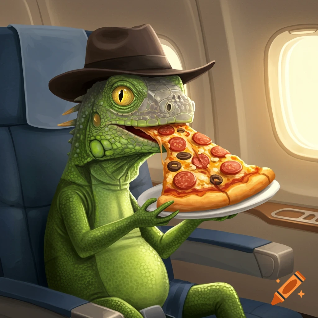 An anthropomorphic lizard in a hat eats a slice of pizza on an airplane.