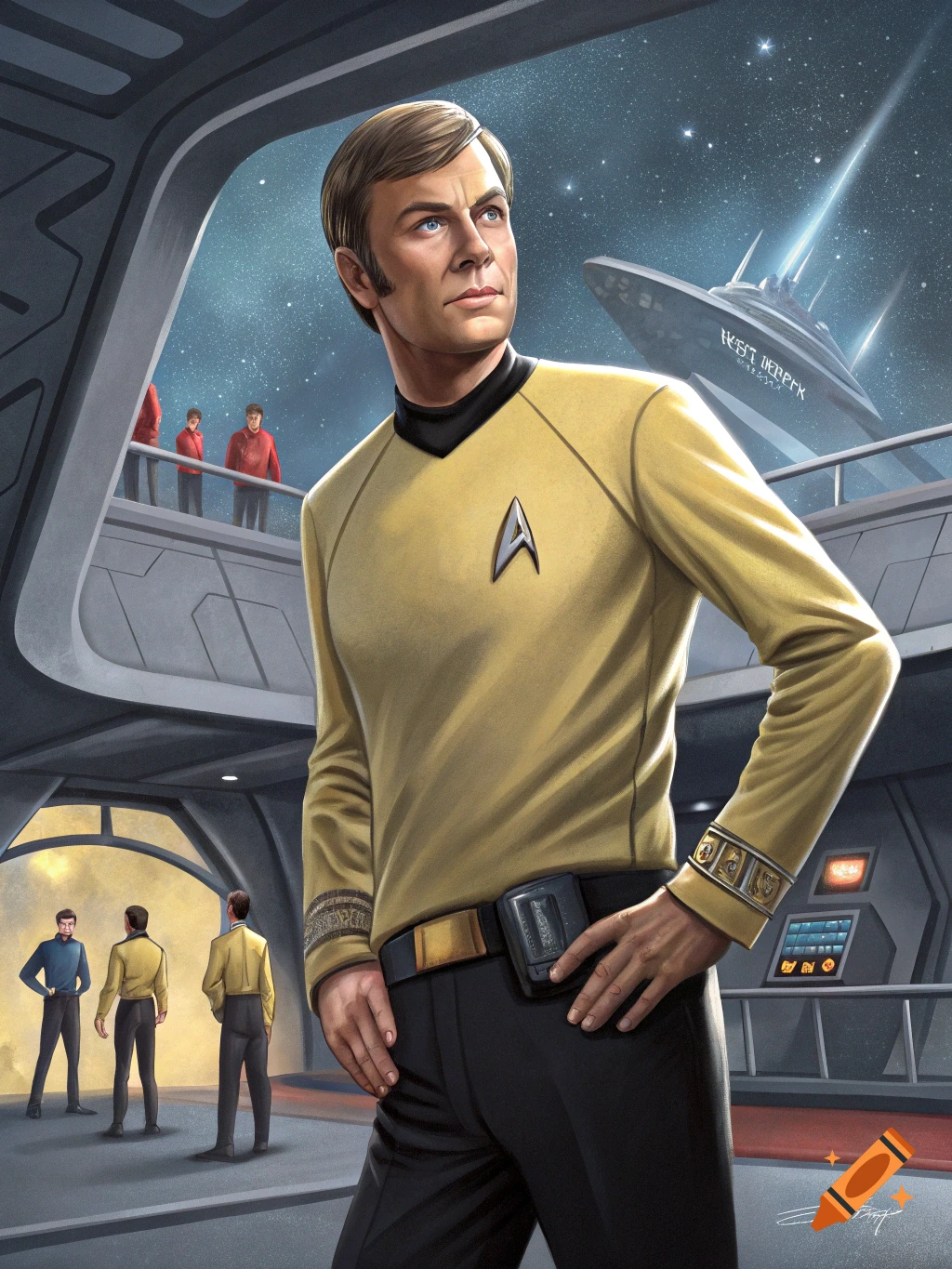 Man in gold Star Trek uniform on bridge looks out window at ship in space, illustration.
