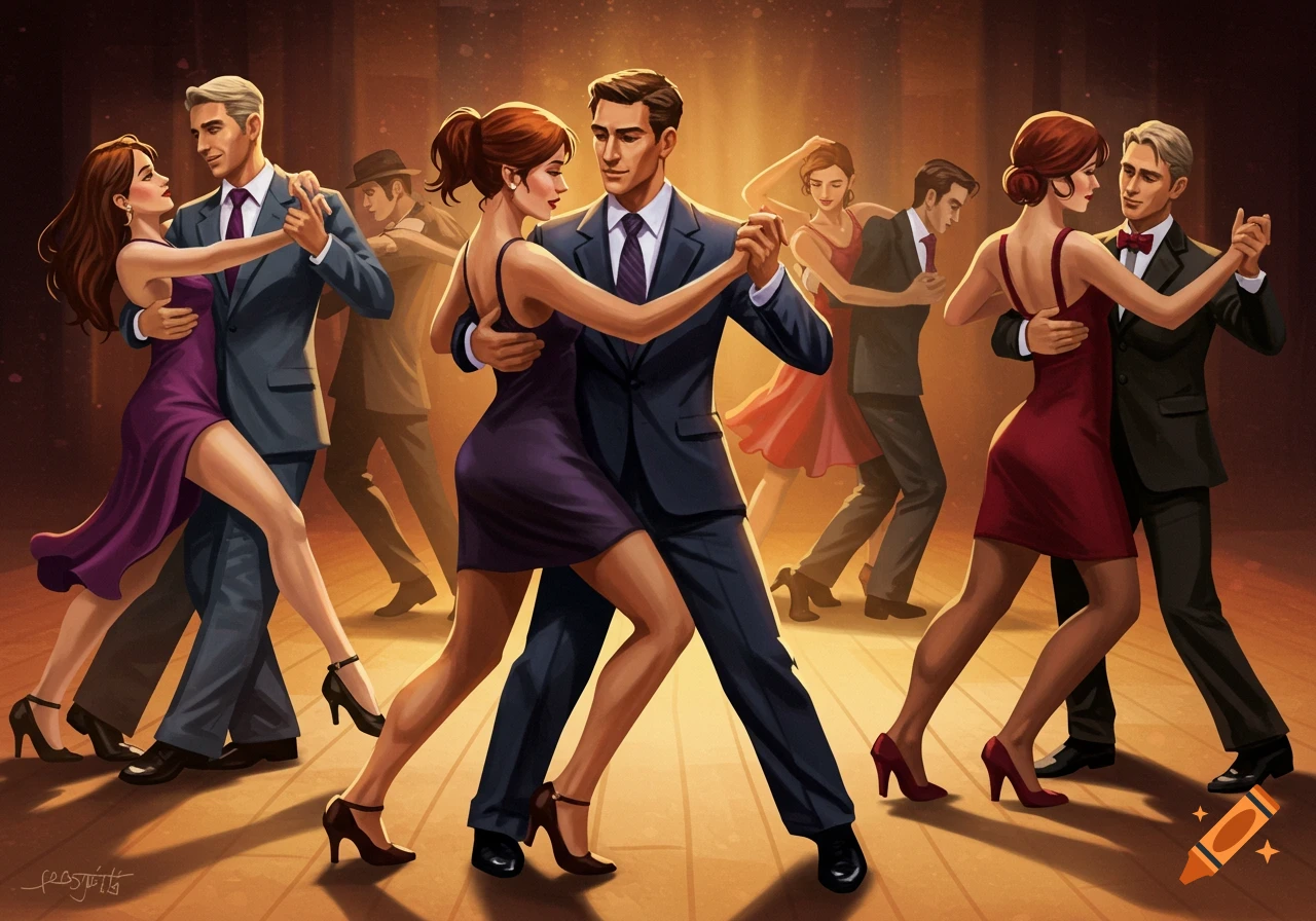 Several couples dance elegantly in a dimly lit ballroom, illustration.