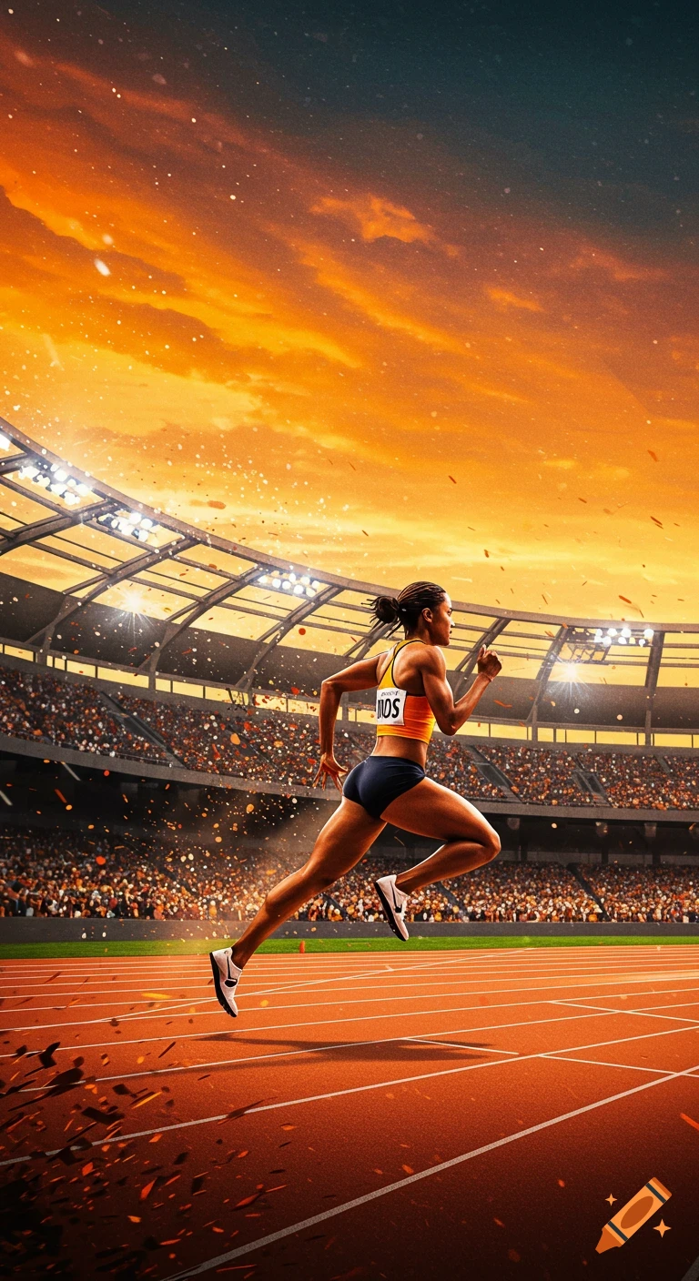 Female runner sprints on a track in a stadium under dramatic orange skies.