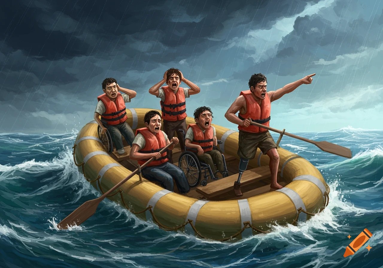 Illustration of people in a raft on stormy seas; some are in wheelchairs, one has a prosthetic leg. One person rows.