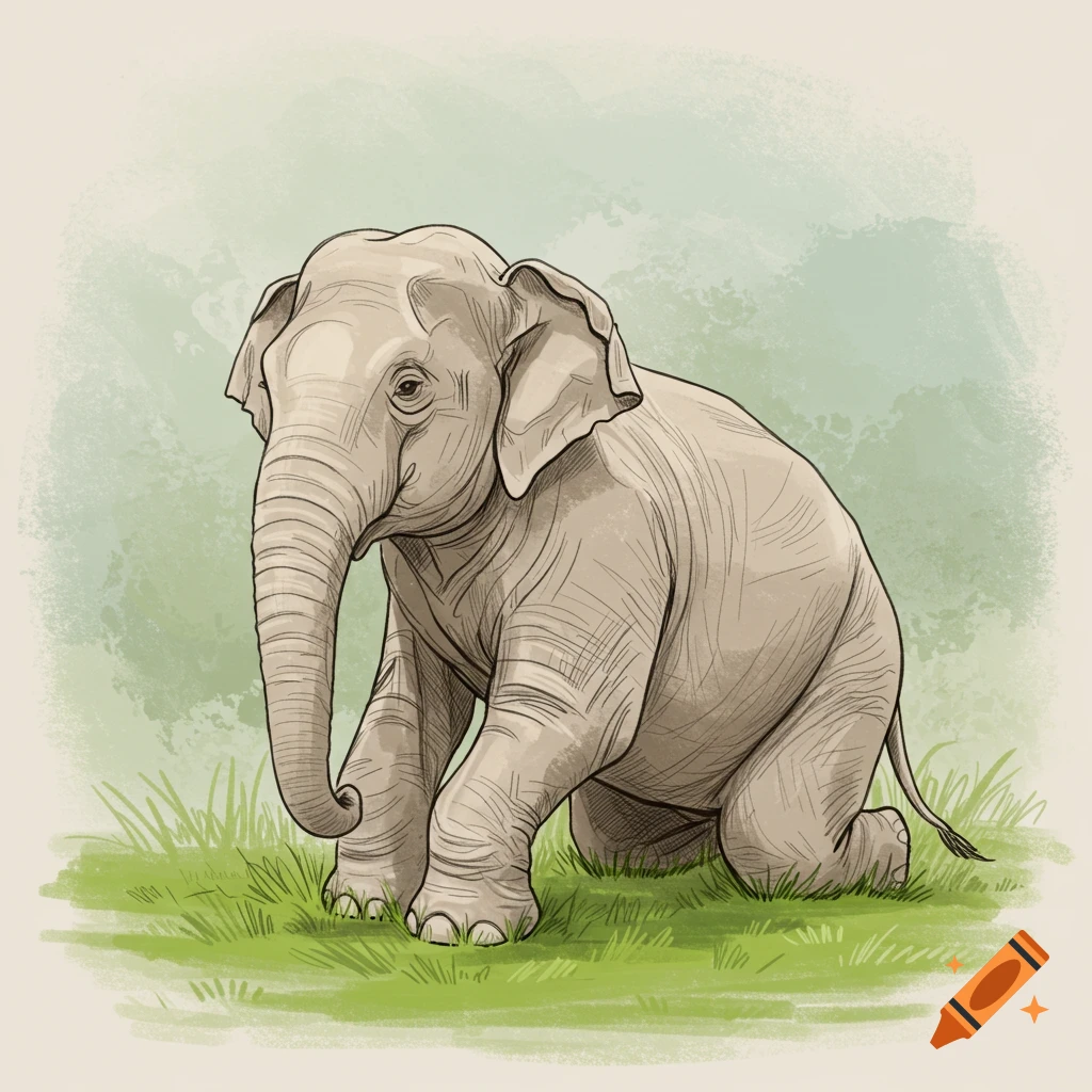 A sketch of a baby elephant kneeling in grass.