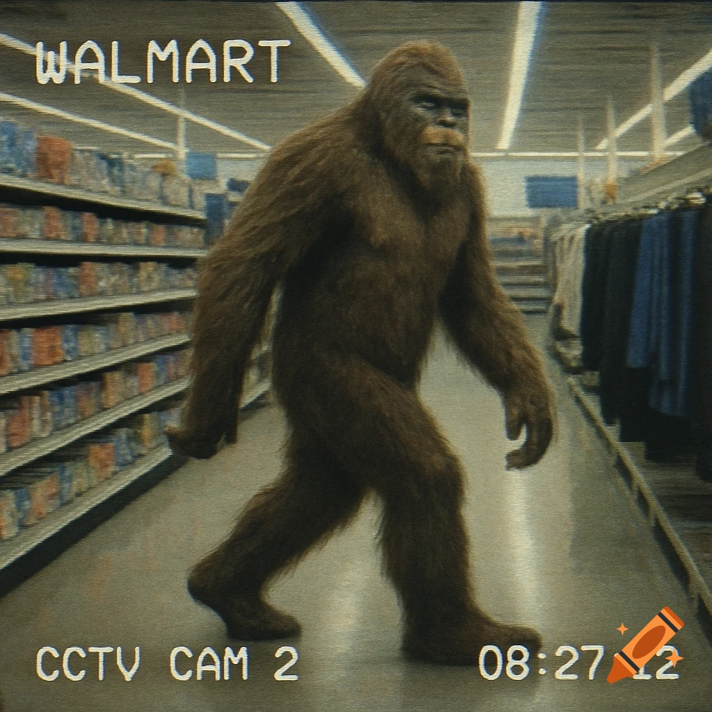 Bigfoot walks down a Walmart aisle, captured on grainy CCTV footage with timestamp.