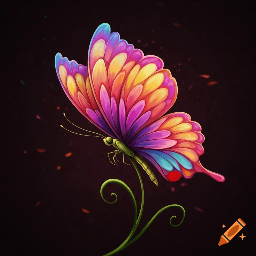 A vibrant, stylized butterfly with multicolored wings sits on a green stem against a dark background.