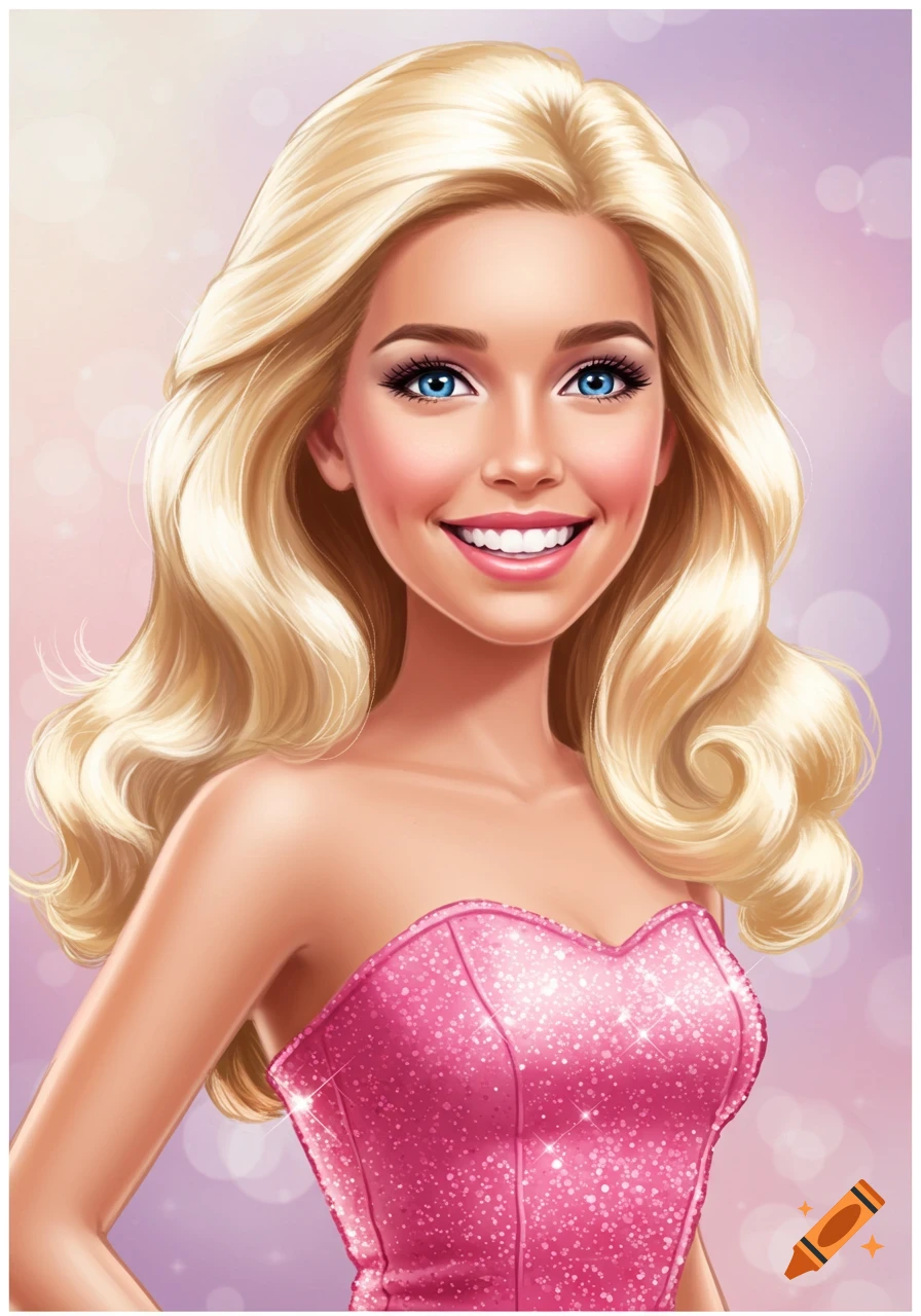 Illustration of a smiling blonde woman with blue eyes wearing a pink sparkly top, in a Barbie-like style.