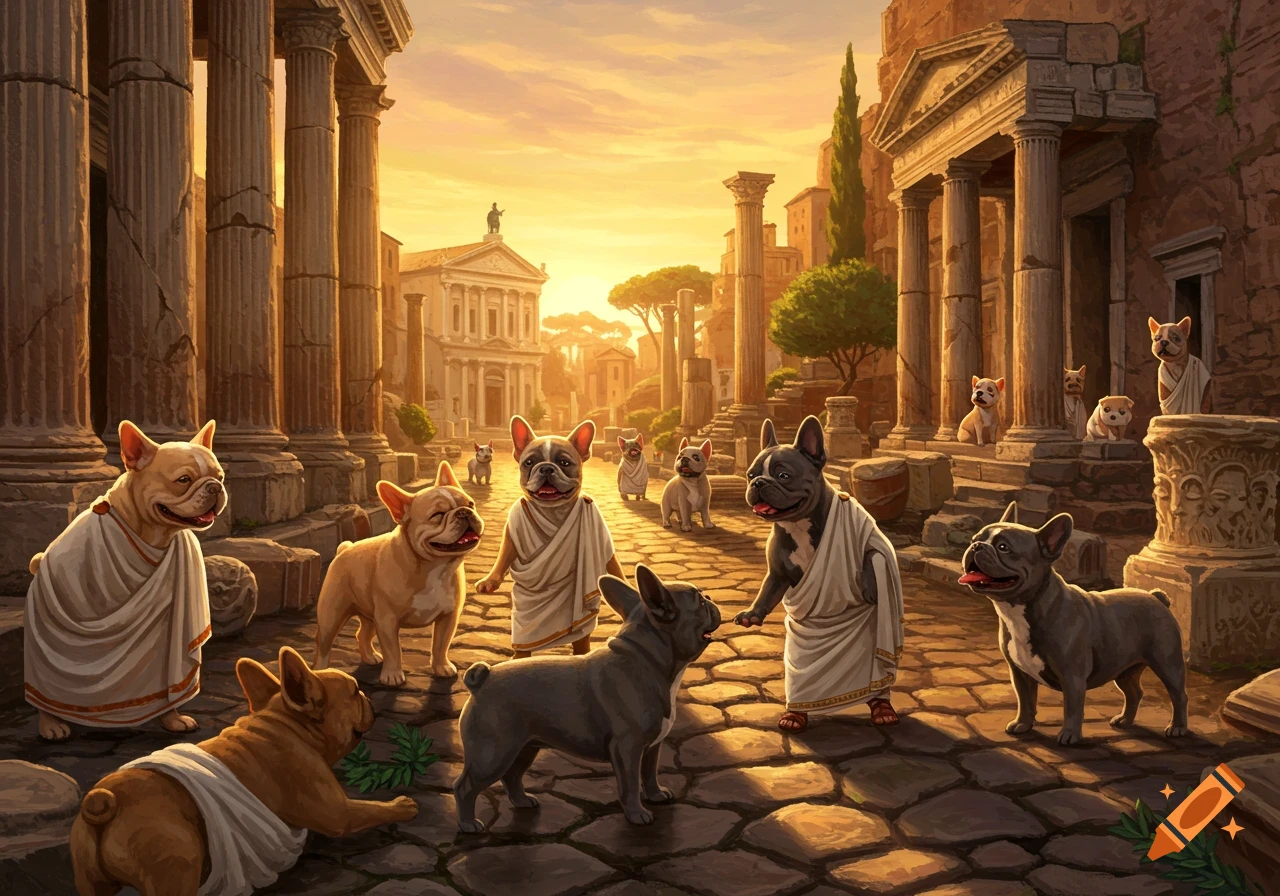 French bulldogs in togas in ancient Roman ruins at sunset.