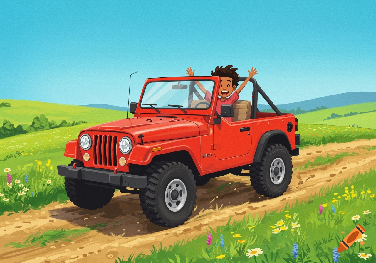Cartoon illustration of a happy boy driving a red Jeep on a dirt road through a sunny, grassy field with flowers.