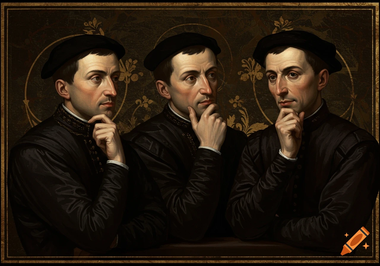 Renaissance painting of three men in black robes and hats, looking left and contemplating.