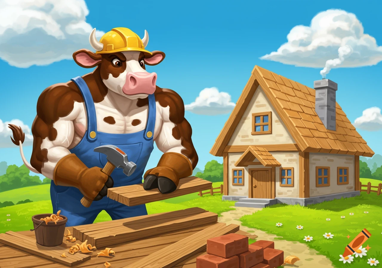 Cartoon muscular cow in a hard hat and overalls hammering wood to build a house.