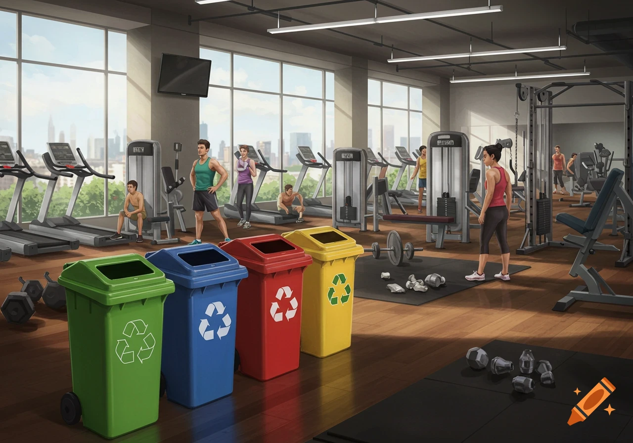 Illustration of a gym with people exercising and four colorful recycling bins in the foreground.