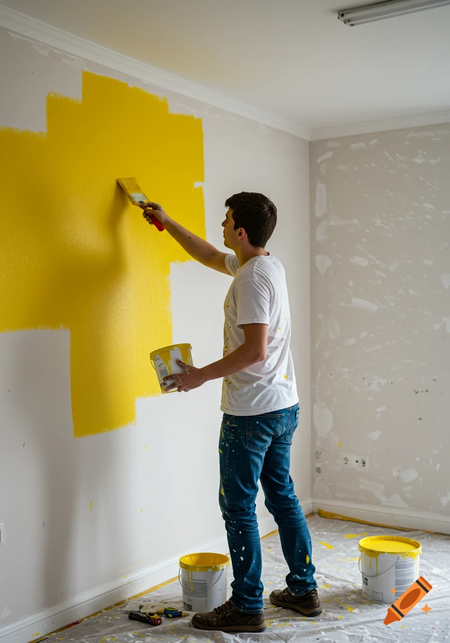 A man in a white t-shirt and jeans uses a brush to paint a wall yellow.