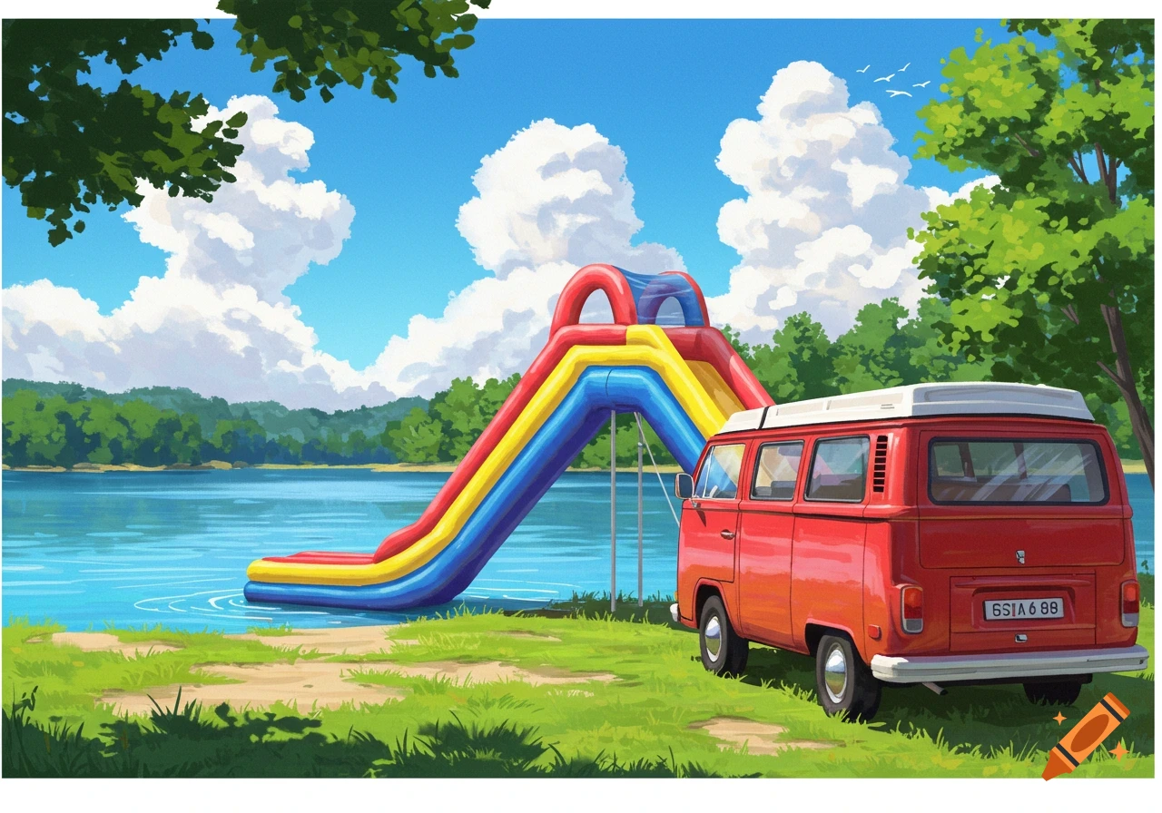 Red camper van parked near a lake with a large inflatable water slide, trees, and clouds.