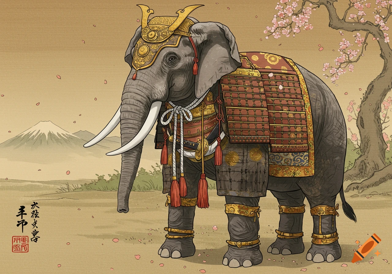 An elephant in elaborate samurai armor stands in a field with Mount Fuji and a cherry tree in the background, in Japanese scroll art style.