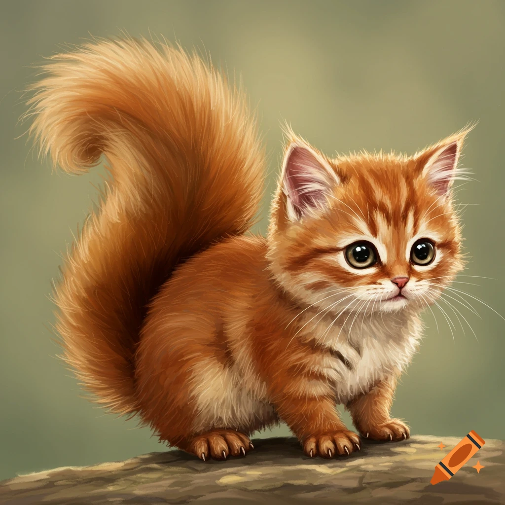 Cute furry orange kitten-squirrel creature with big eyes on a branch, digital art.