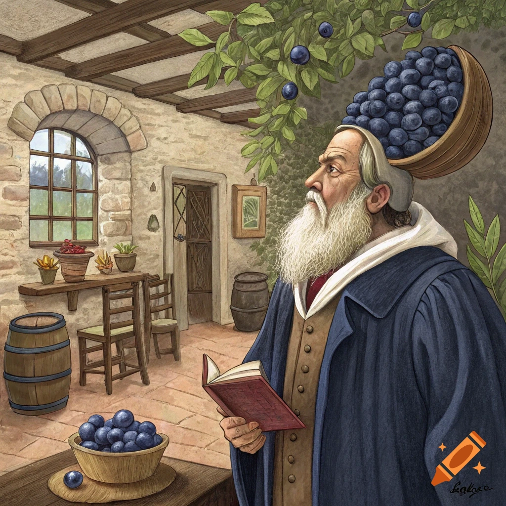 Illustration of a man resembling Galileo Galilei with blueberries on his head, holding a book in an Italian house.