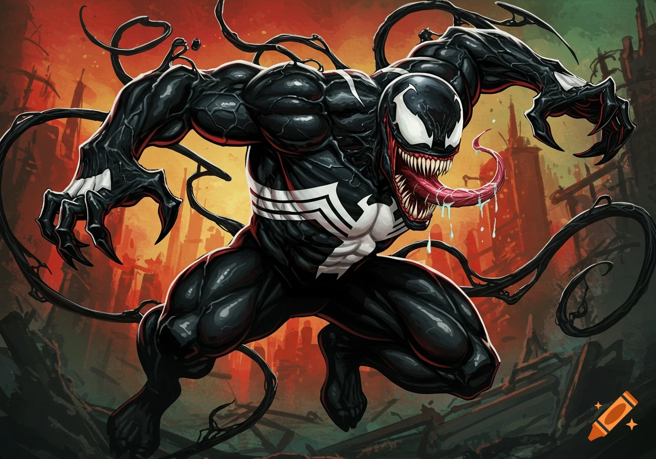 Detailed comic book illustration of Venom in a dynamic pose with tendrils against a fiery ruined city background.
