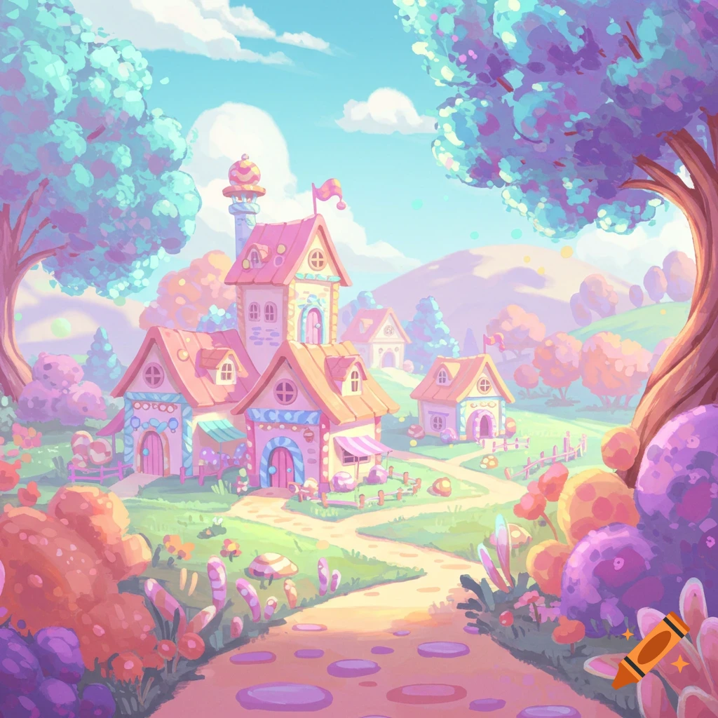 Pastel fantasy village with mushroom trees and colorful houses