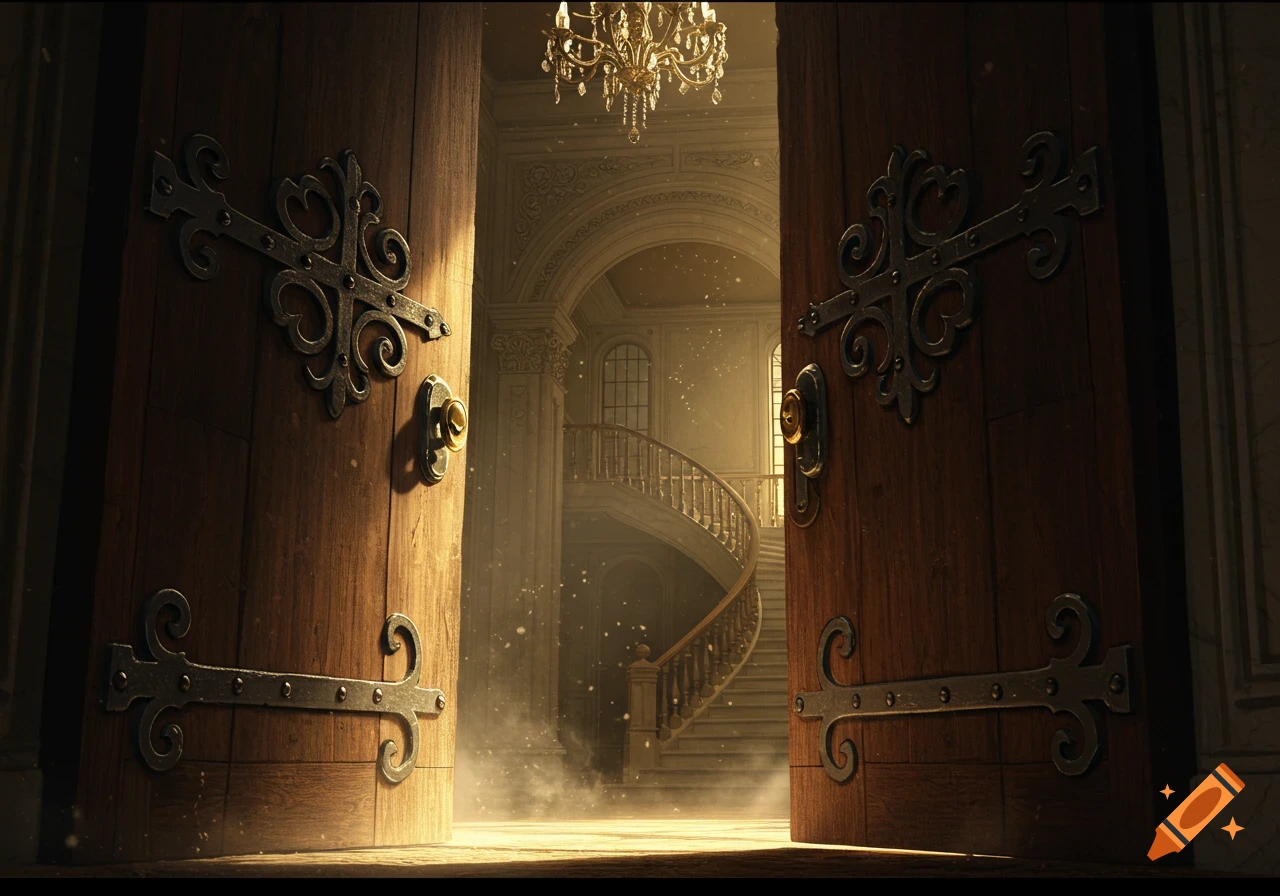 A large wooden door opens into a grand mansion hallway with a sweeping staircase.