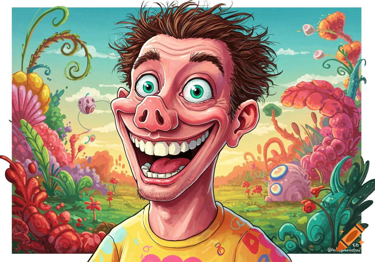 Cartoon illustration of a man with a large pig-like nose and grin.