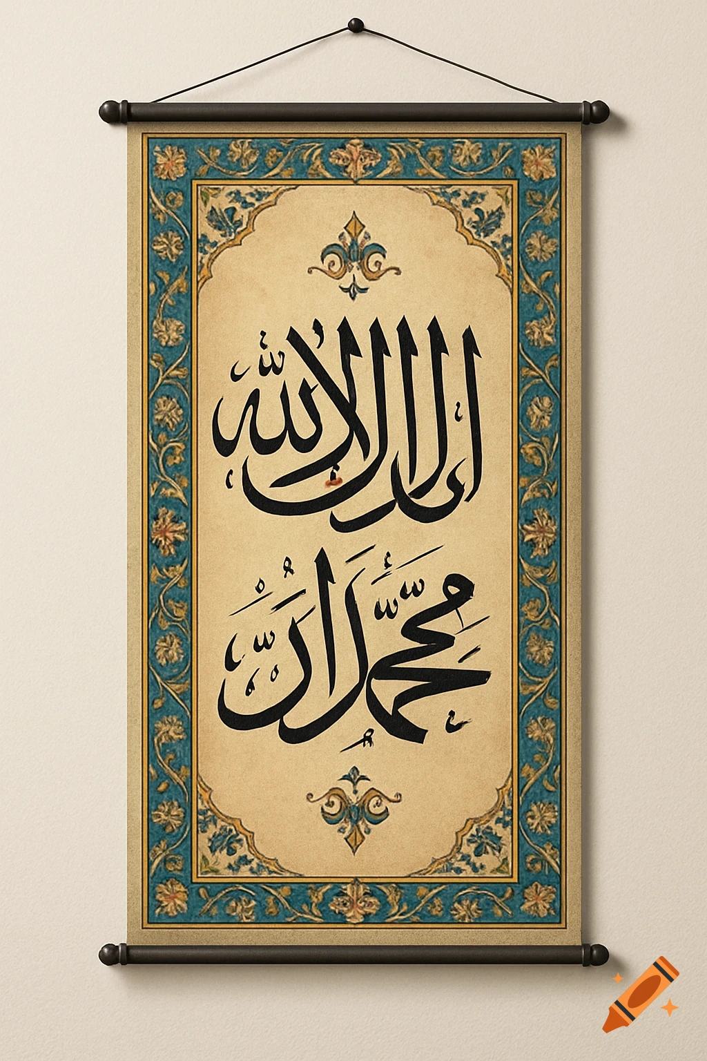 Scroll with Arabic calligraphy and ornate border hanging on a wall