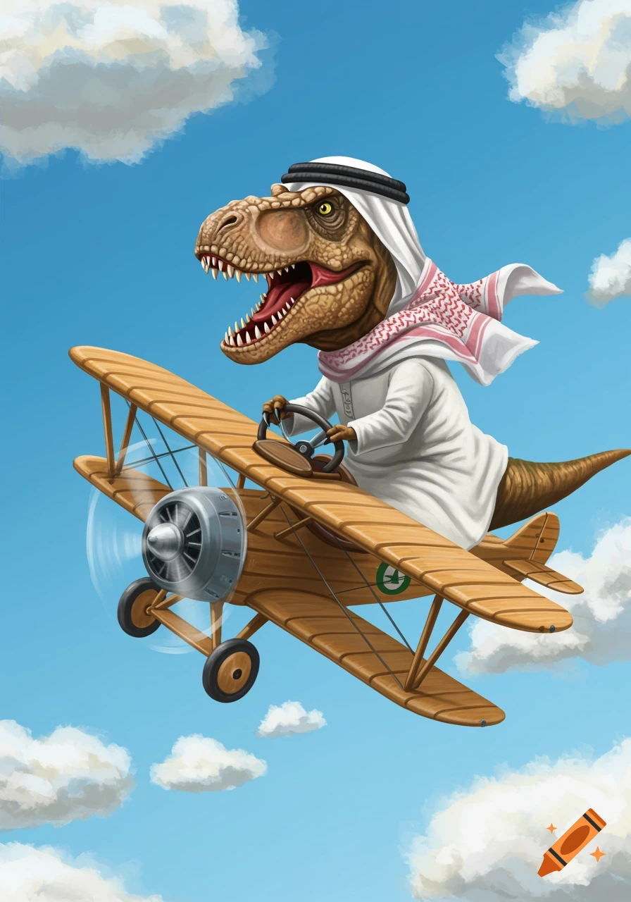 A cartoon Tyrannosaurus Rex wearing a keffiyeh and thobe flies a biplane in the sky.