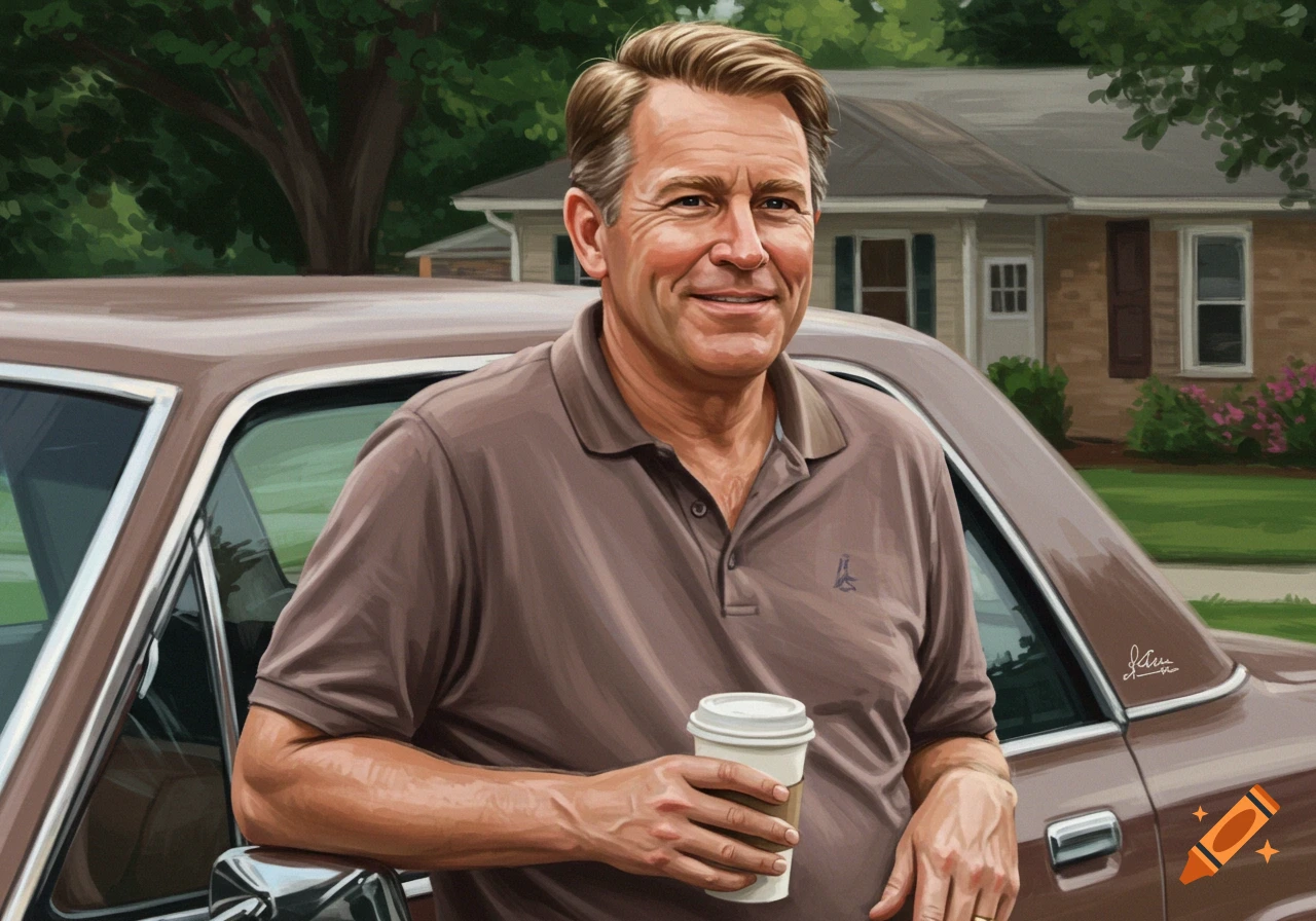 Digital painting of a smiling man holding coffee, leaning on a brown car in a suburban setting.