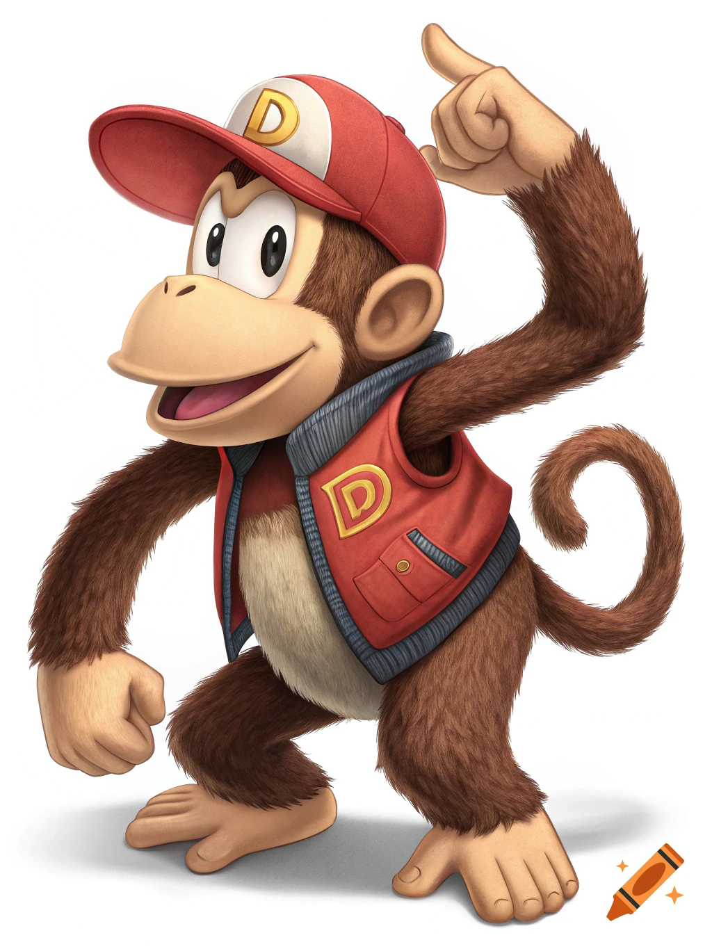 Diddy Kong in his red hat and vest points upward