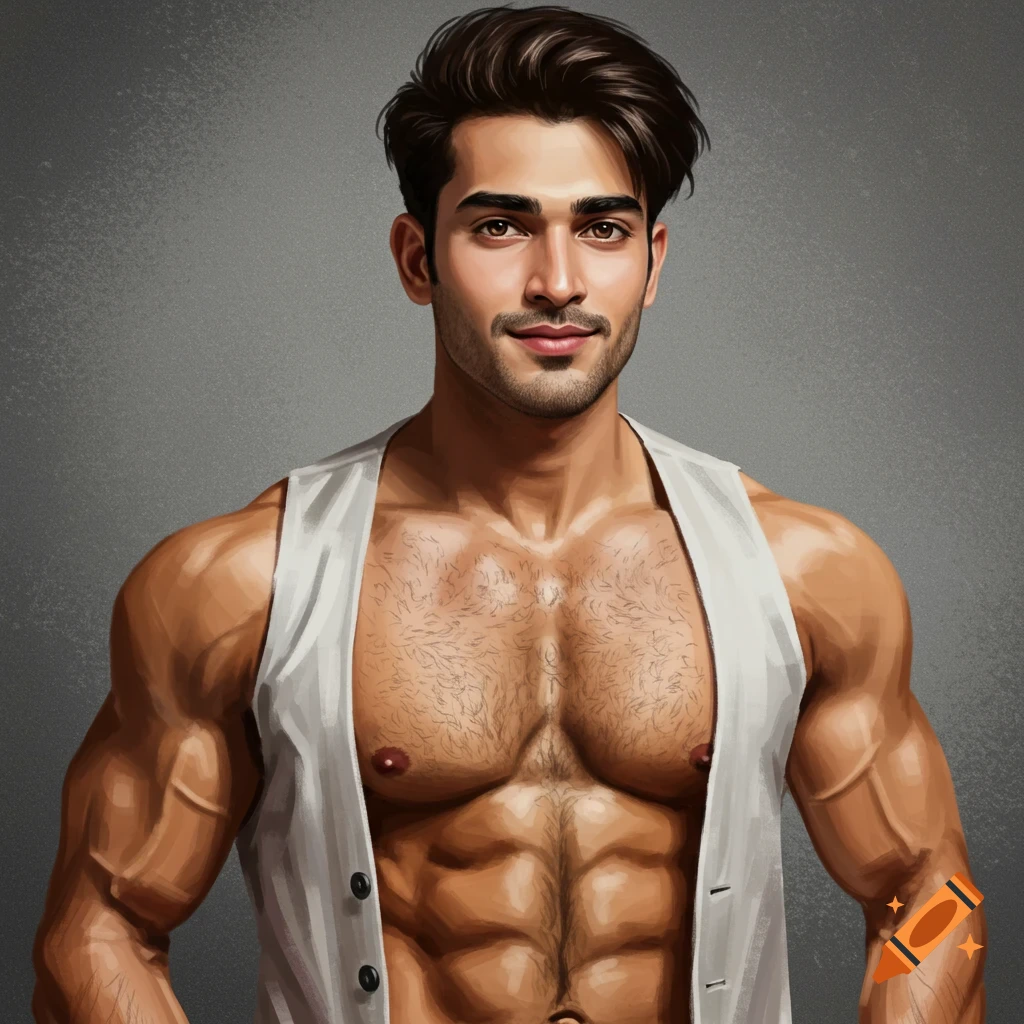 Digital painting of a muscular man with a hairy chest wearing an open white vest.