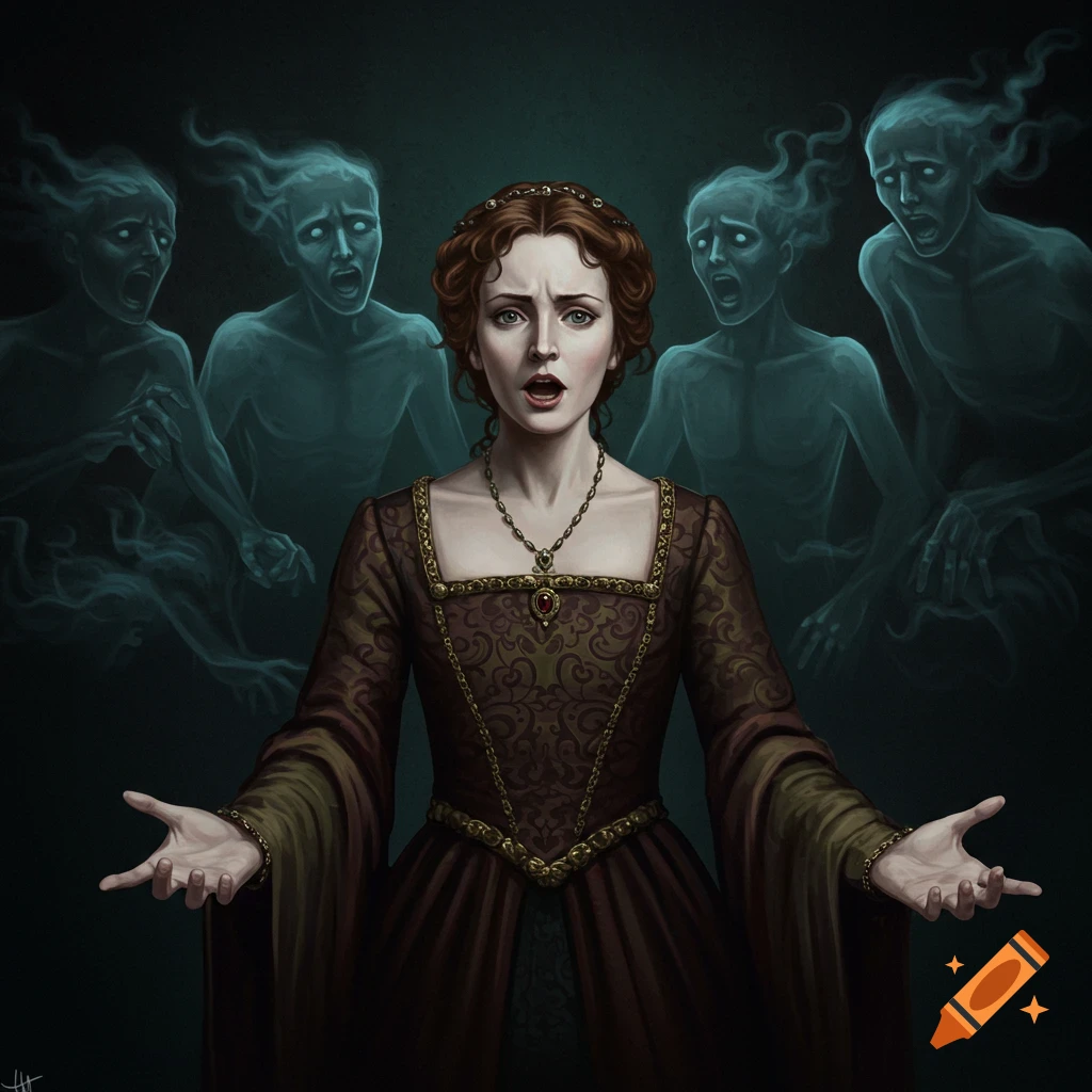 Digital painting of a woman in historical dress surrounded by ghosts with outstretched arms.
