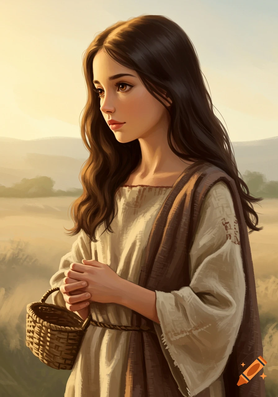 A young woman in historical clothing holds a basket in a field at sunset, painted style.