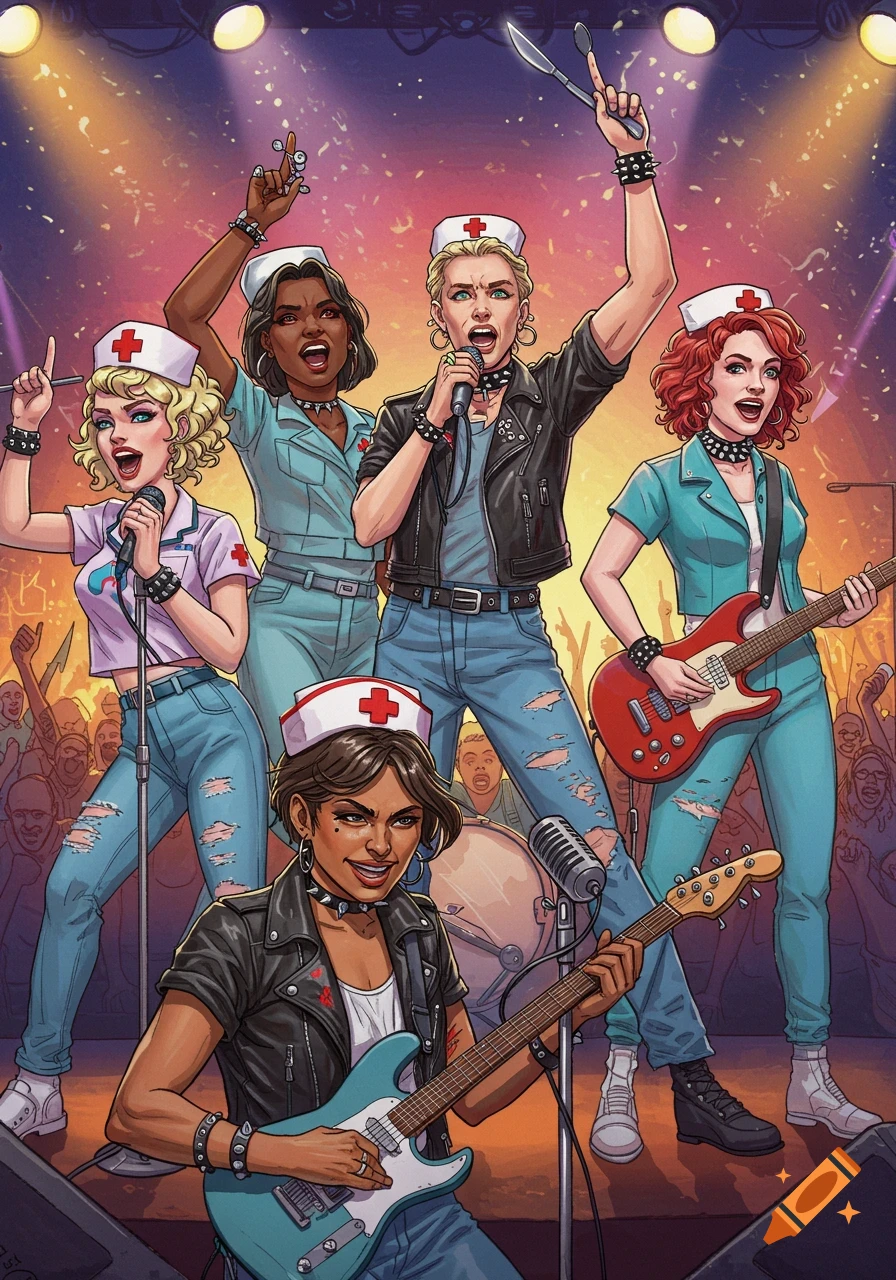 Five women rock band dressed as nurses performing on stage, comic art style