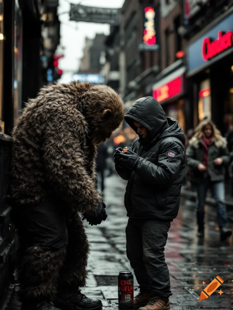 A person in a bear costume stands on a wet city street, facing a young boy.