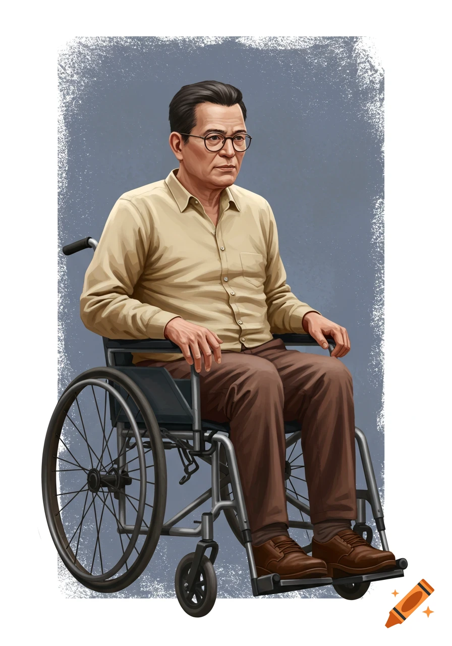 Illustration of a man with glasses sitting in a wheelchair.