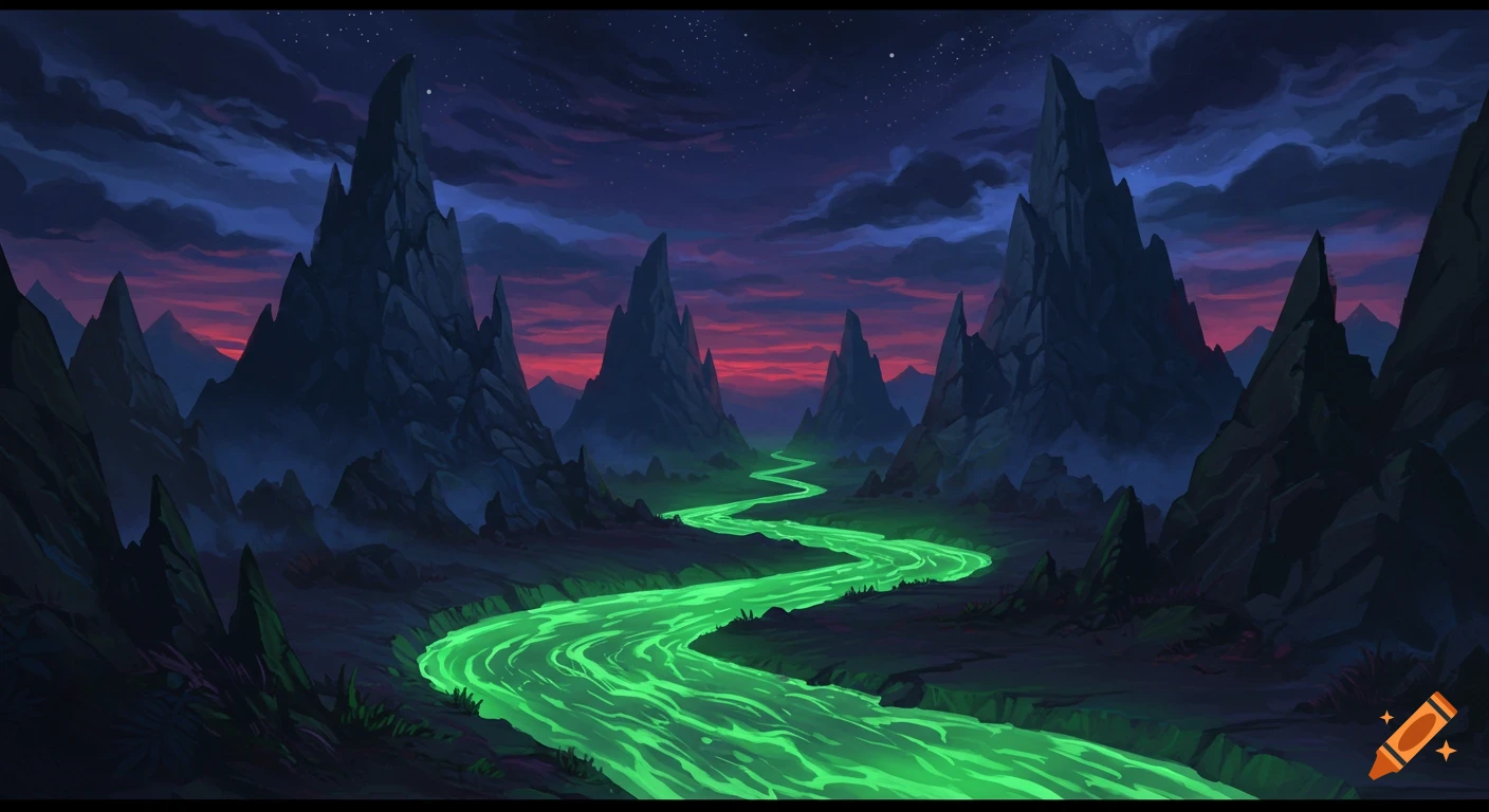 A dark fantasy landscape painting featuring jagged mountains, a glowing green river winding through a valley, under a dark sky with stars and a red and blue horizon.