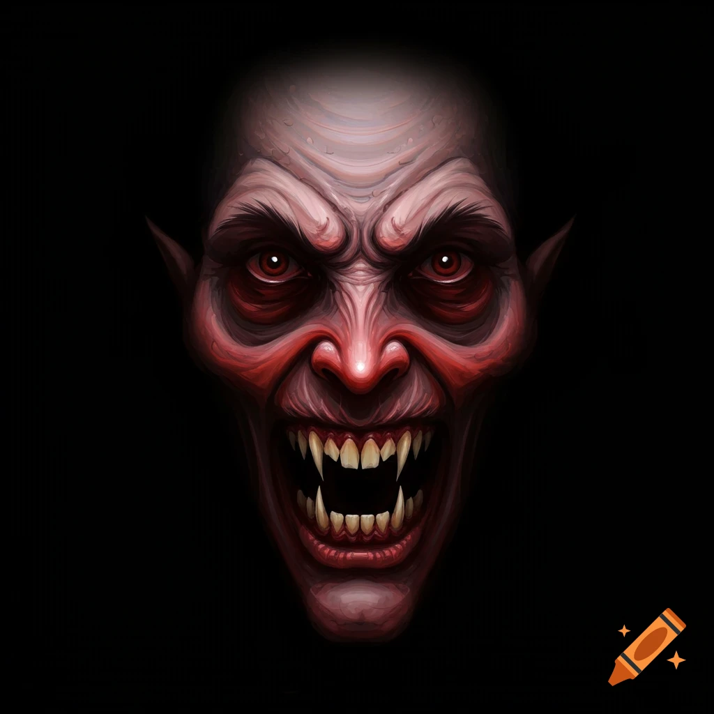 Close-up illustration of a scary red-faced vampire with sharp fangs in the dark.
