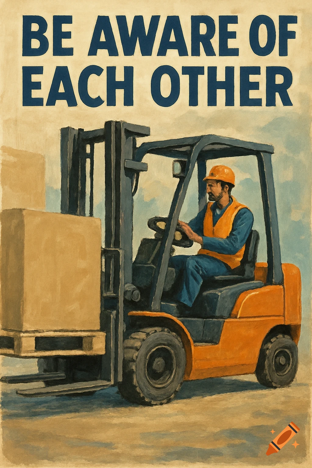 Illustration of a forklift operator on a safety poster with the text "BE AWARE OF EACH OTHER".