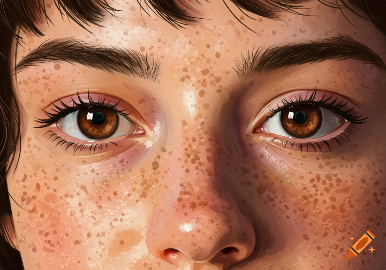 Close-up illustration of eyes and nose with many freckles.